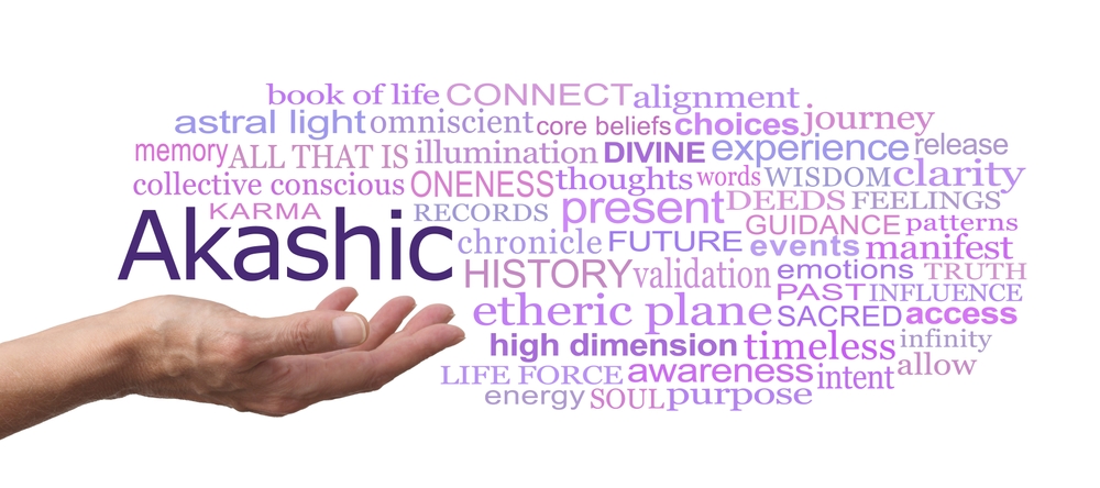 Words associated with the Akashic Records Word Cloud - female open palm hand with the word AKASHIC above surrounded by a relevant tag cloud against a white background